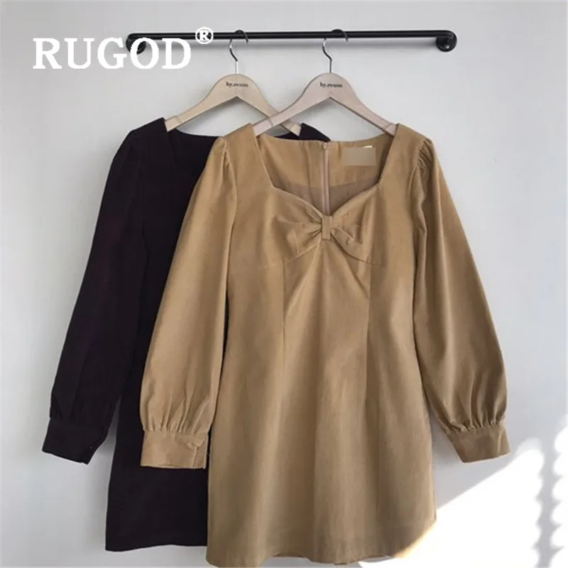 Женское вельветовое платье RUGOD Simplee однотонное в стиле ретро с бантом и длинными