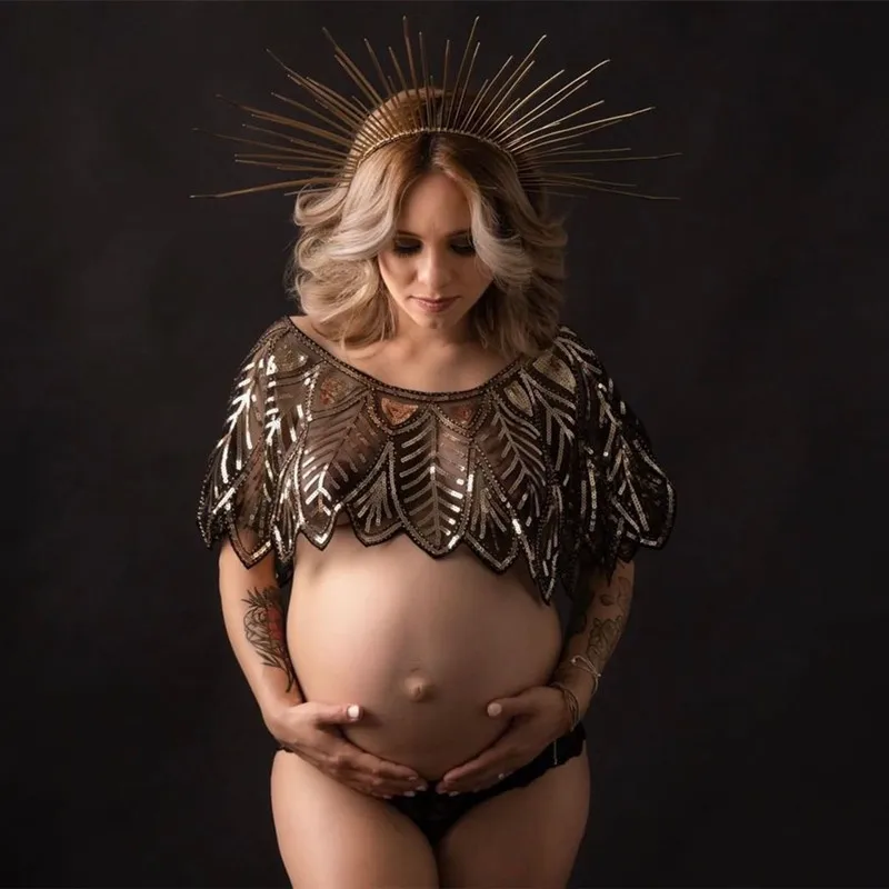 Sequins Maternity Photography Props Tops Pregnancy Photo Shoot Sequined Short Tanks See Through