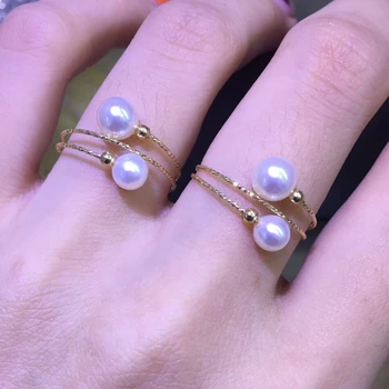 

18K GOLD Genuine AU750 Freshwater Pearl Ring ADJUSTABLE Finger Ring Fashion Wedding Party Women Jewelry Nice Gift