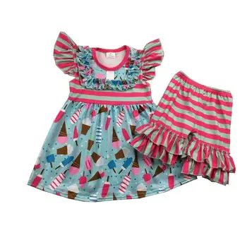 

Girls' clothing set ruffles shorts children outfits kids summer clothes pink stripe color clothes