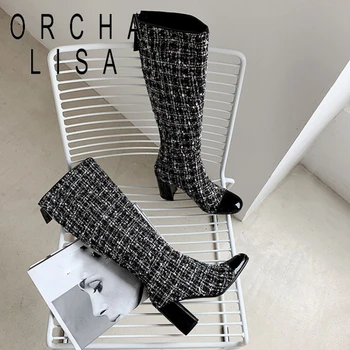 

ORCHA LISA Woman Winter Boots Round Toe 8cm Square Heels Wool Back Zipper Patent Leather long booties Large size 33-40 C1756