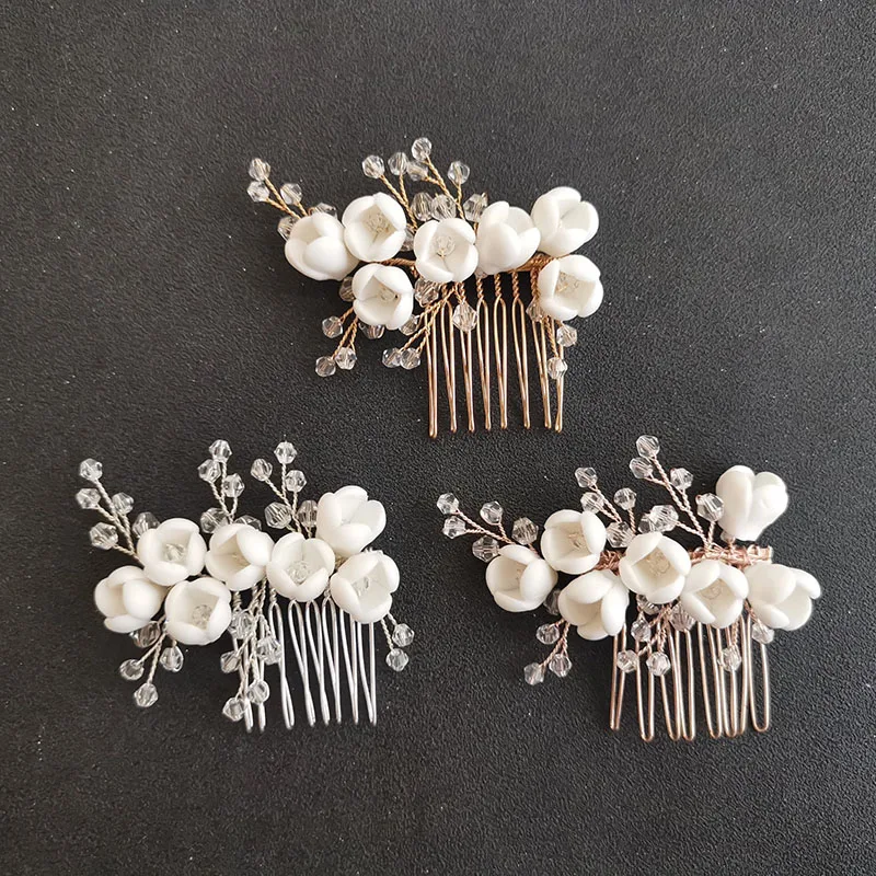

SLBRIDAL Ins Style Handmade Crystal Rhinestone Ceramic Flower Bridal Hair Comb Wedding Hair Accessory Bridesmaids Women Jewelry