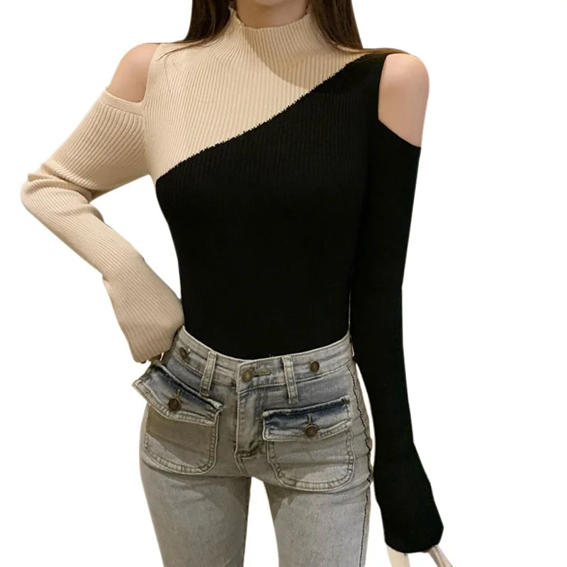 

Women's New Style Of The Western Style Design Of The Shoulder Patchwork Contrast Color Knit Bottom Gray Uniform Code