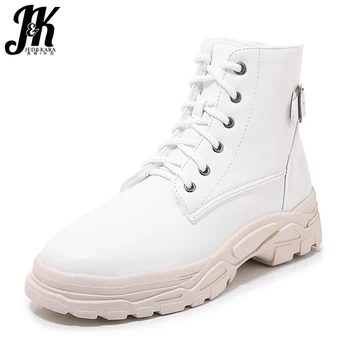 

JK Motorcycle Boots Women Fashion Casual Ankle Boot Ladies Round Toe Platform Shoes Female Lace Up Shoes Zip Shoes Winter White