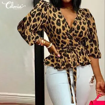 

Elegant Office Lady Shirt Celmia Stylish Tops Women Sexy Deep V-Neck Leopard Print Blouse Belted Tunic Ruffles Blusas Femininas