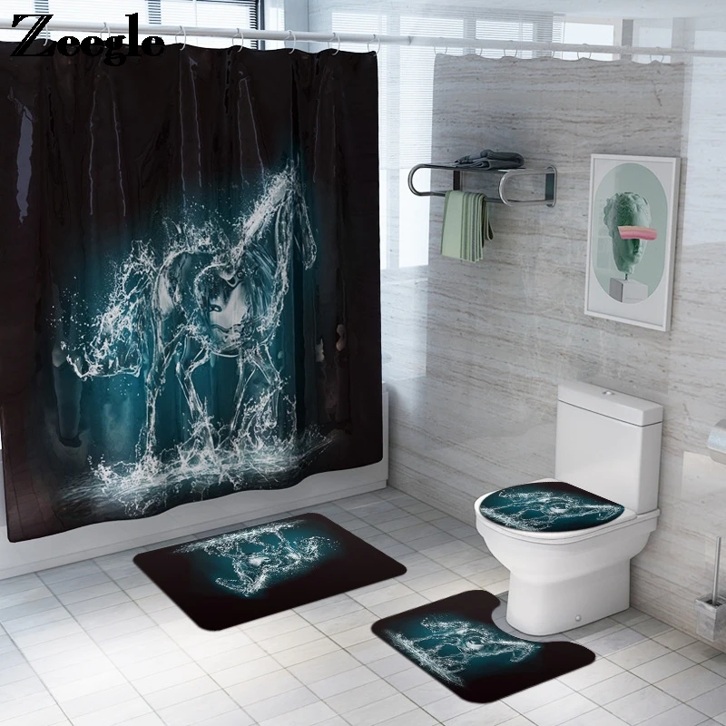 Creative Water Element Waterproof Shower Curtain Bath Mat Bathroom Mat Set Toilet Rugs Bathroom Home Decor Floor Mat Bath Rugs