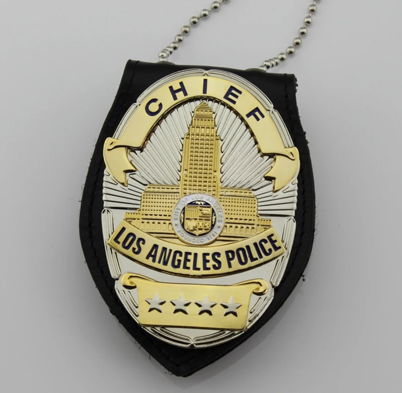 LAPD CHIEF LOS ANGELES POLICE-Реплика ТВ/фильм Prop pin значок обратно с зажимом для ремня кожаный держатель и ожерелье - Цвет: Holder and Chain