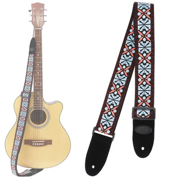 

Jacquard Weave Double Fabric Guitar Strap Flowers Pattern Genuine Leather Cow Suede Ends with for Electric Guitar Bass