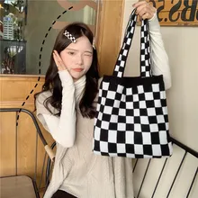 

Knitted Checkerboard Large Tote Bags For Women Winter Fashion Big Handbags Shopper Female Retro Korean Lattice Shoulder Bag