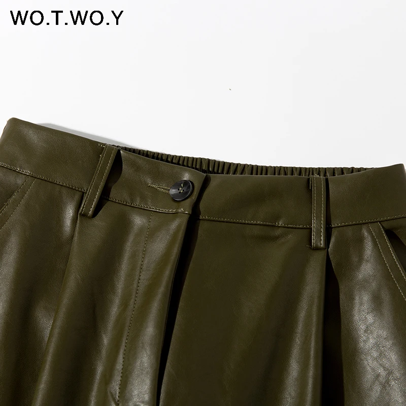 Tanie WOTWOY jesień szerokie nogawki sztuczna skóra spodnie damskie 2019 Zipper Casual Losse aksamitna wewnątrz kobiece spodnie moda damska odzież