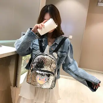 

Casual Glitter Teenage Girls Bookbags Sequins Heart Print Travel Bling Backpacks Women Multifunction Shoulder School Bag