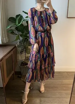 

Women Dress 2019 New Color V-neck Long Sleeve High Waist Retro Dress
