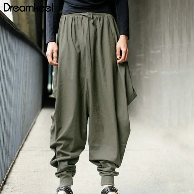 Мужские льняные штаны, летние повседневные шаровары, свободные штаны с заниженным шаговым швом, широкие длинные брюки, мужские укороченные штаны в стиле самурая - Цвет: Армейский зеленый
