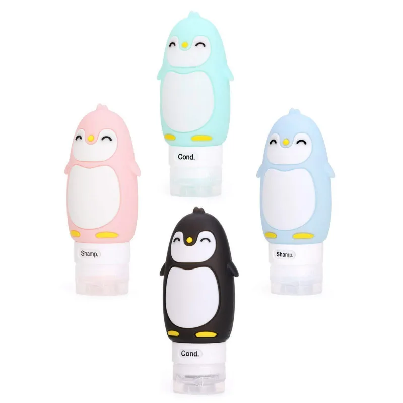 4Pcs 90ml Leakproof Silicone Travel Bottles Accessories Set Refillable Cute Penguin Travel Containers for Shampoo Liquids Cream spray bottle,refillable bottle,shampoo dispenser