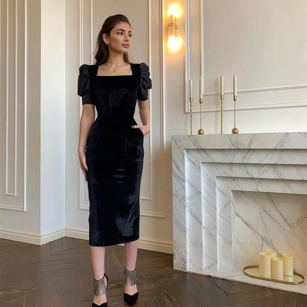 

Short Black Velvet Muslim Evening Dresses فساتين السهرة Sheath Cap Sleeve Tea Length Robe de soirée for Women