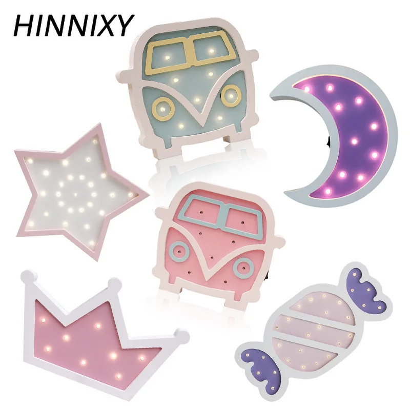 En Ligne Hinnixy bonbons couleur en bois veilleuses couronne Bus étoile lune lampe bureau tenture murale chambre maison noël décor luminaires