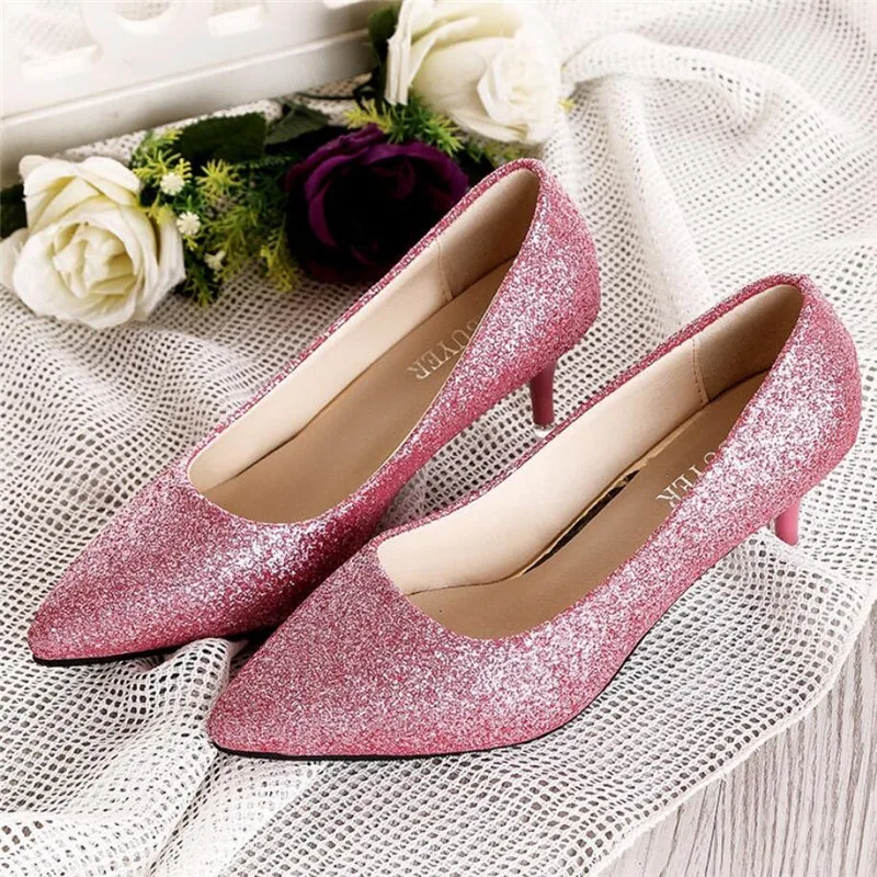 Роскошные вечерние туфли с красной подошвой на высоком каблуке 6 см, 9 см, с блестками, серебристые, блестящие, золотые, под платье пикантные туфли-лодочки на шпильке с острым носком новые женские туфли - Цвет: rose red 6cm