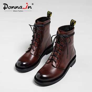 

Donna-in Big Size Genuine Leather Women Ankle Boots With Low Heel Lace Up Autumn Winter Female Boots Quality Elegant Shoes Woman
