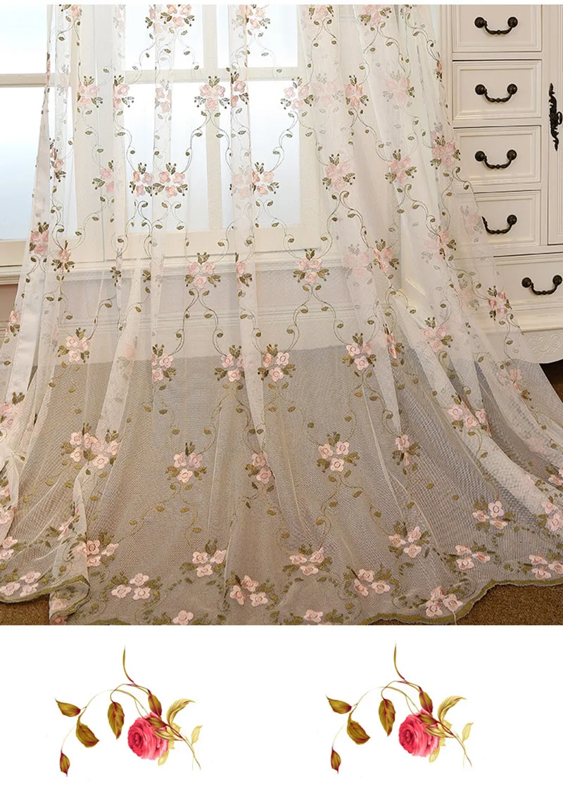 rosa doce elegante bordado tule cortinas para sala de estar princesa flor renda sheer tule casamento janela cortinas