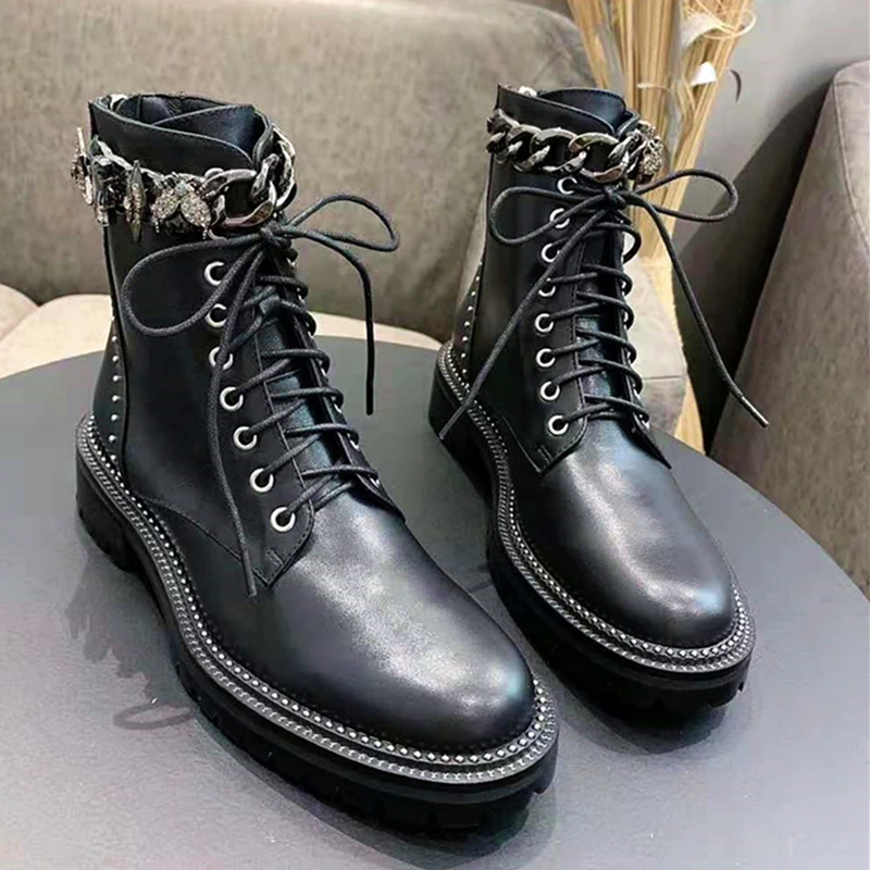 

brand women boots geninue leather winter boots metal chains bees stars high quality zipper lace up ladies boots luxury shoes