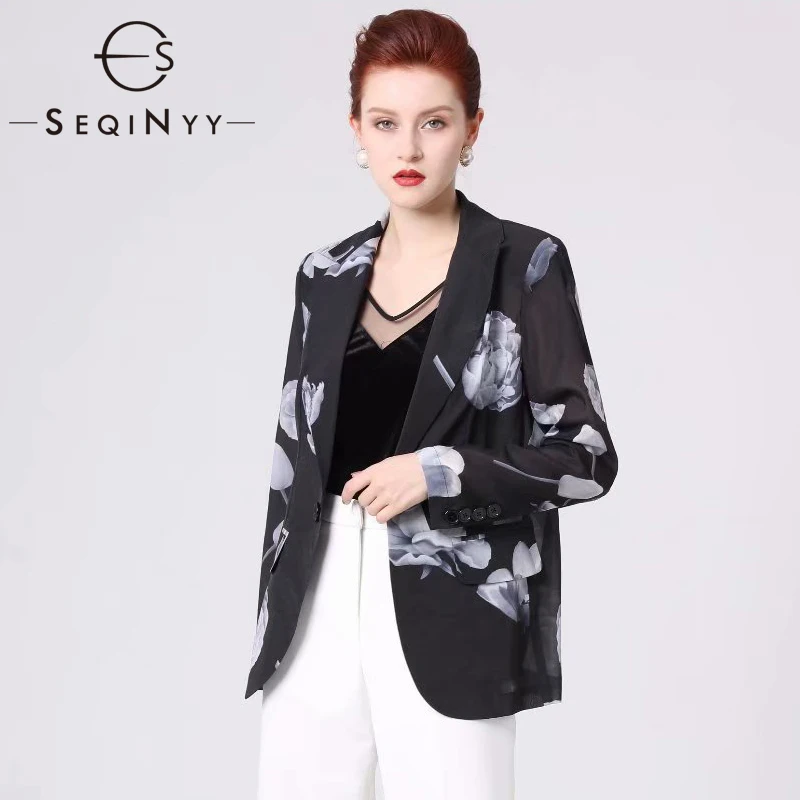 

SEQINYY Black Blazer 2020 Summer Spring New Fashion Design Long Sleeve Ink Flowers Printed Translucent Short Jacket