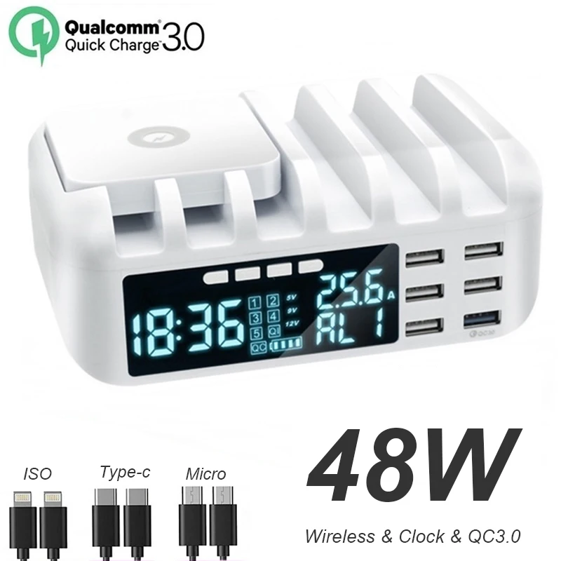 

Fast Phone Charger 48W QC 3.0 Wireless Charger LCD Display With Clock for IPhone 12 Pro Max Samsung Xiaomi Phone Holder Charger