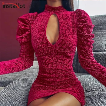 

InstaHot Sexy Hollow Out Dress Ladies Jacquard Long Sleeve Party Elegant Chic Slim Pencil Mini Dress Women Puff Sleeve Autumn