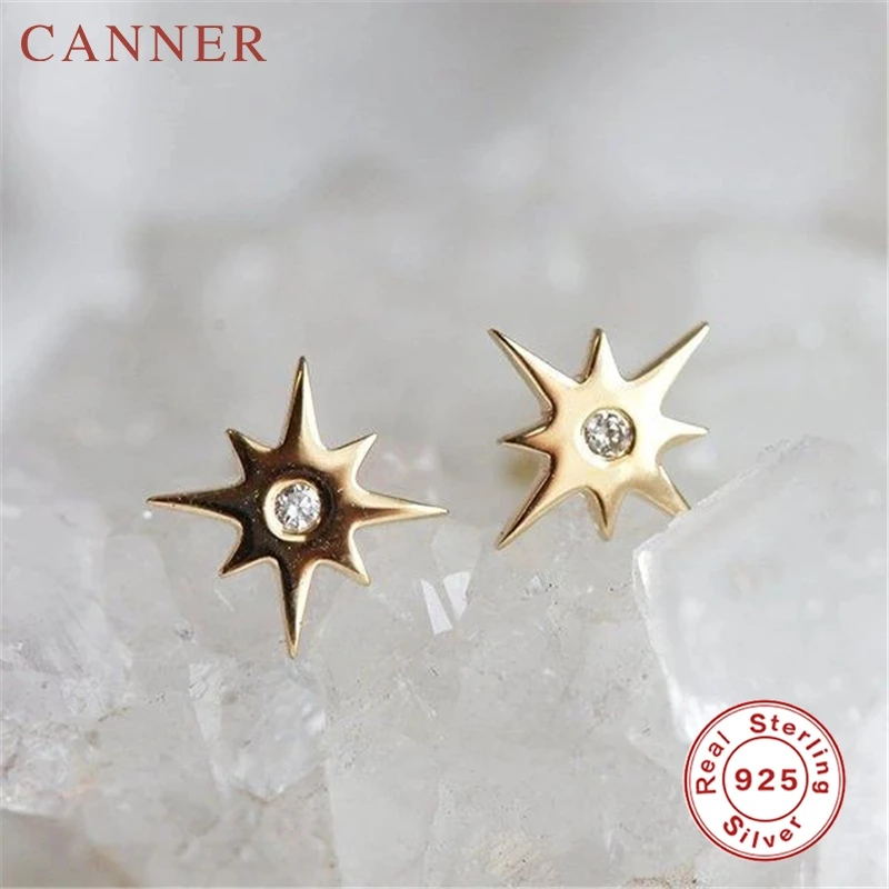 

100% real 925 Sterling Silver Minimalist Octagonal Star Stud Earrings for Women Simple Crystal Zircon Gold Earrings Jewelry gift