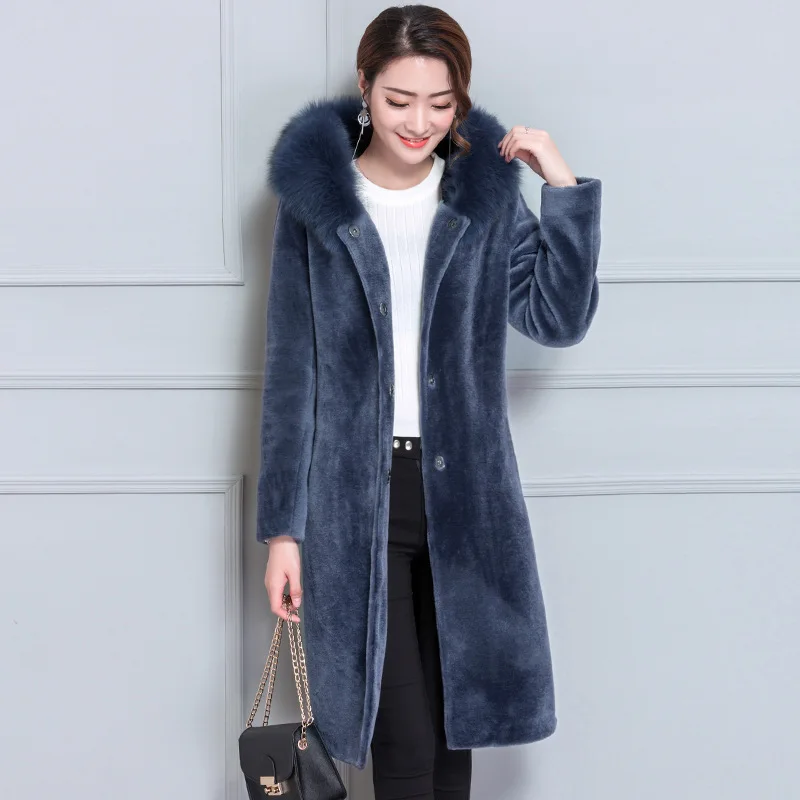 

Haining Sheep Shearing Fur Coat Women's Mid-length Fox Fur Collar Wool Overcoat Hooded One-piece Large Size