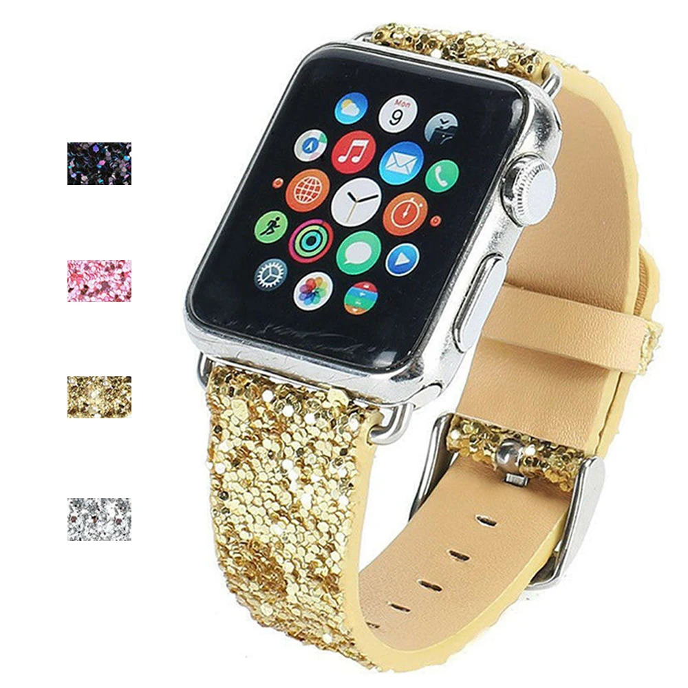 Fashion Leather Glitter Band for Apple Watch 5/4/3/2/1 Women Bling Wrist Strap iWatch Series 44/42/40/38mm | Наручные часы