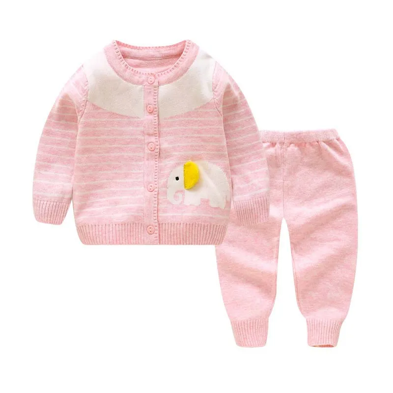 2 предмета, милая одежда со слонами для маленьких мальчиков и девочек, Хлопковый вязаный кардиган, свитер+ штаны, Одежда для новорожденных, Осень-зима, От 0 до 2 лет