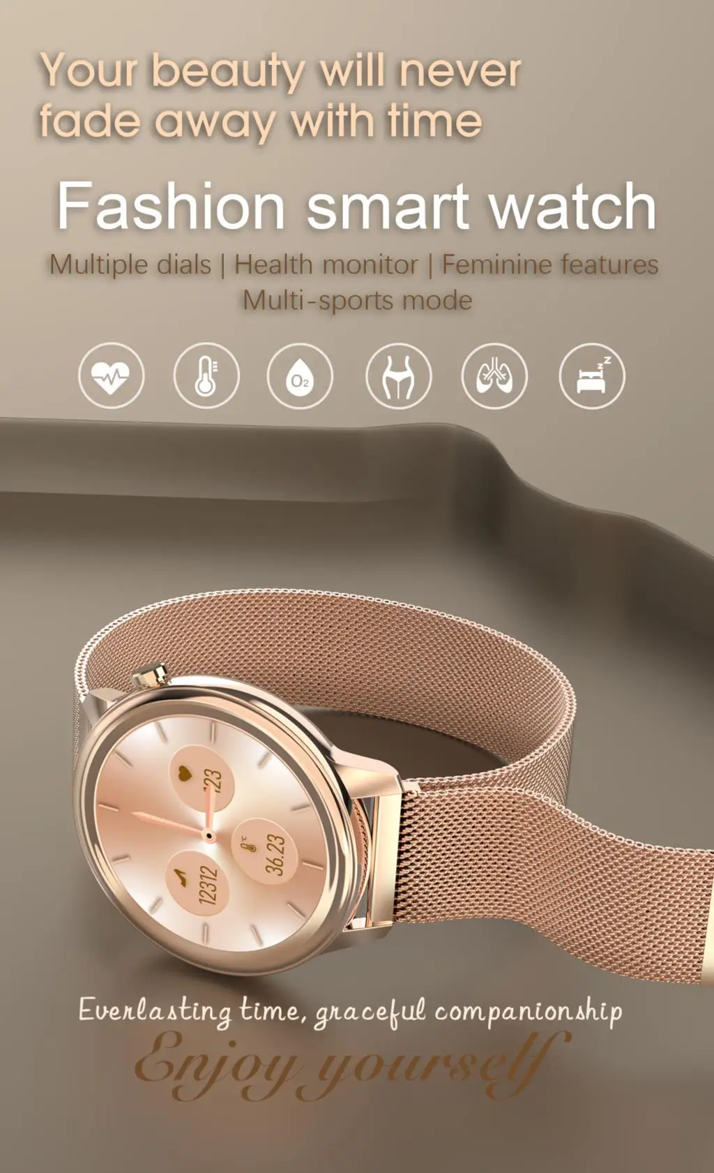 Female health (physiological cycle), Blood pressure monitori,Respiratory rate,Dynamic UI, Body temperature monitoring Smartwatch