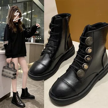 

Women Short Shoes Sewing PU Leather Platform Button Ornament Ankle Boots Women Round Toe Boots 2020 Female Winter Plus Size New