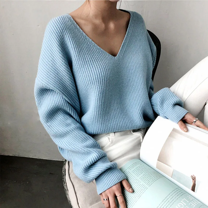 Зимний женский свитер осенний длинный рукав v-образный вырез Однотонный свитер модный женский пуловер уличная перемычка