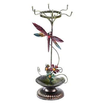 

Jewelry Hanging Stand Earring Ring Rack Display Dragonfly Flower Shape Necklace Holder with a Ring Dish Tray for Desktop Window