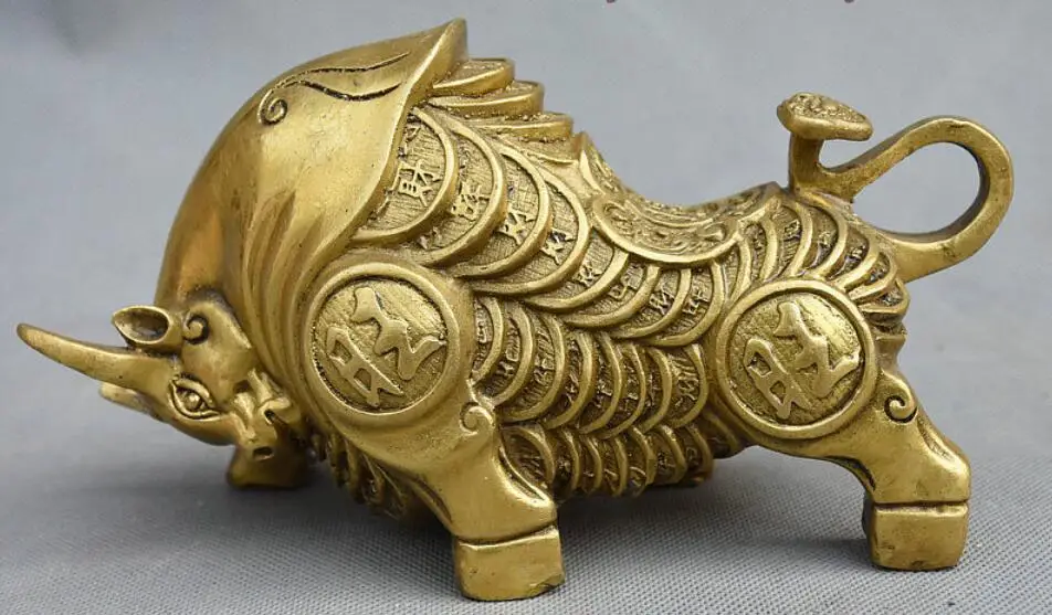 7&quot Chinese Folk Feng Shui Brass Wealth Coin Rich strong Zodiac Bull Oxen Statue | Дом и сад