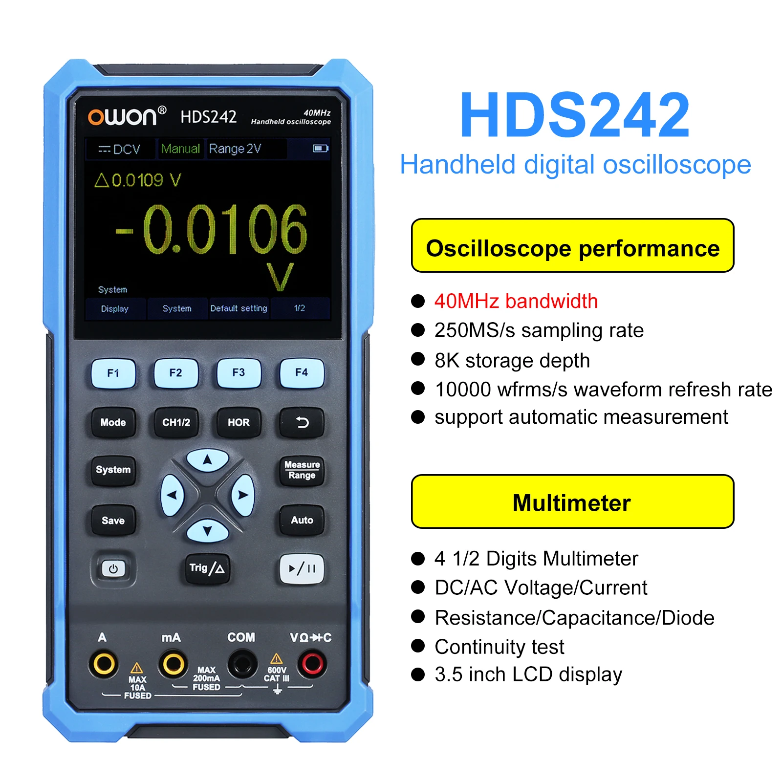 OWON HDS242 /HDS272/ HDS242S / HDS272S Handheld Digital Oscilloscope 2 Channels 70MHz Bandwidth Digital True-RMS Multimeter
