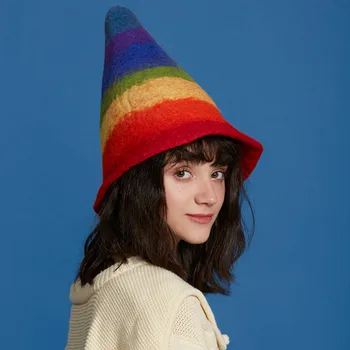 

Handmade Wizard Felt Hats Fashion Rainbow Wool Caps Gradient Women Hat Autumn Winter Female Wild Party Caps Elf Hats Bonnet Gift