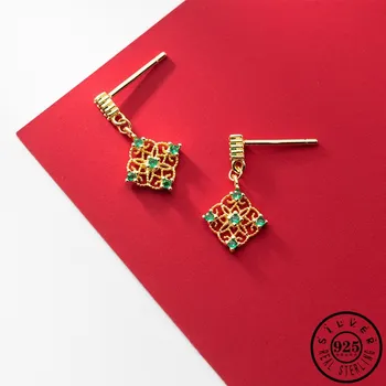 

925 Sterling Silver Square Shape with Green Cubic Zirconia Stone Gold Color Statement CZ Dangle Drop Earrings for Women