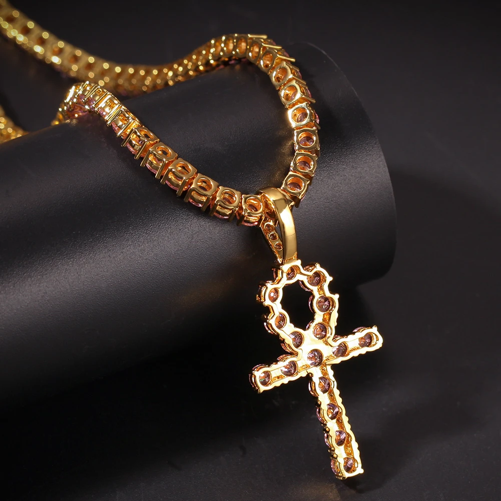 UWIN 4mm Pink Iced Ankh Cross Pendant Cubic Zirconia Tennis Chains Gold Silver Color Necklace Colored Fashion Hiphop Jewelry