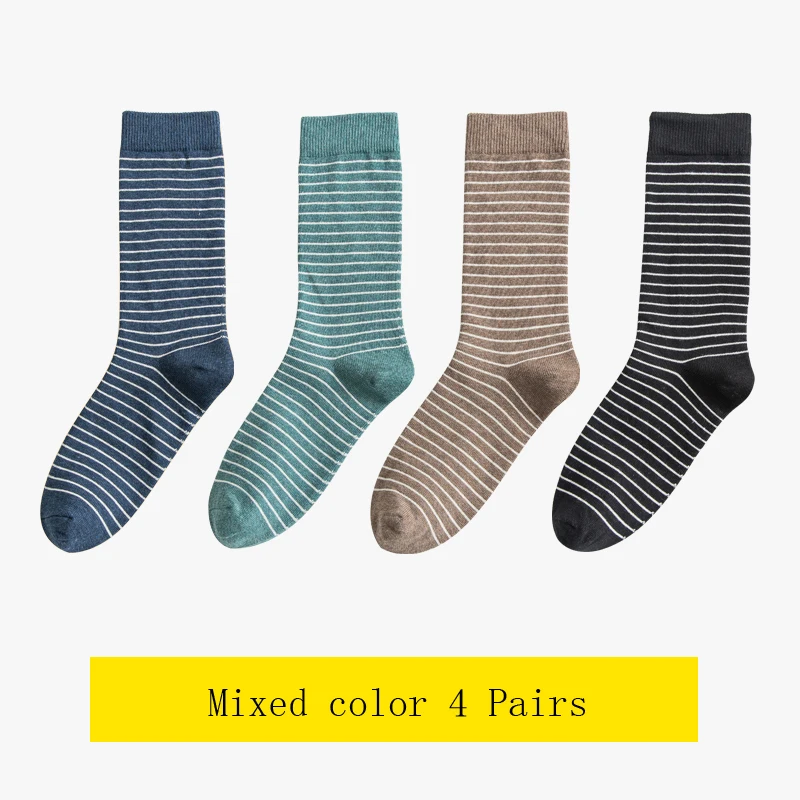Mixed color 4 Pairs Japane/весенне-осенние женские гольфы, теплые, в полоску, корейские, толстые, из чистого хлопка, 4 пары - Цвет: Mixed color 4 Pairs