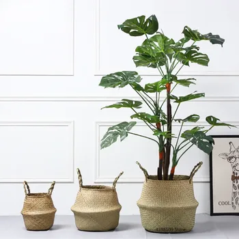 

Natural seagrass basket foldable storage basket home multifunctional storage box hand-woven portable storage basket flower pot