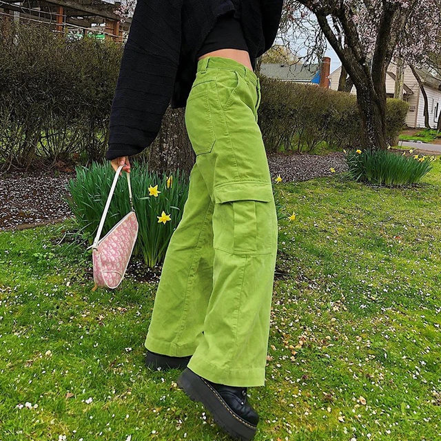 Aesthetic Big Pockets Wide Leg Trousers Women Korean Baggy Cute Boyfriend Corduroy Pants Green 90s Iamhotty -