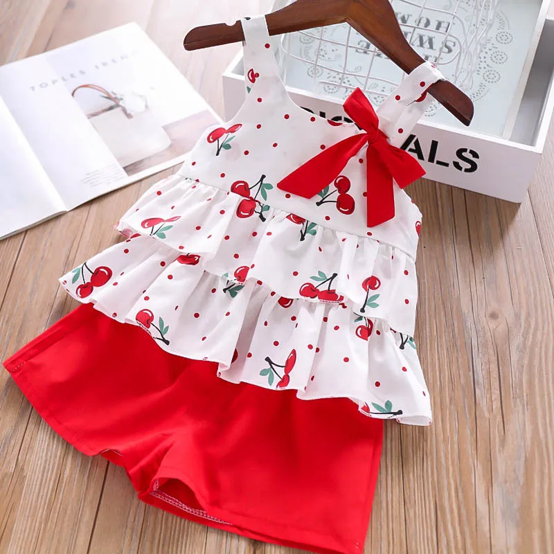 Humor Bear Girls Clothing Set Summer New Cute Flowers Flying sleeves T-shirt+ Shorts Kids Suit Toddler Baby Girls Clothes - Цвет: red BD153H