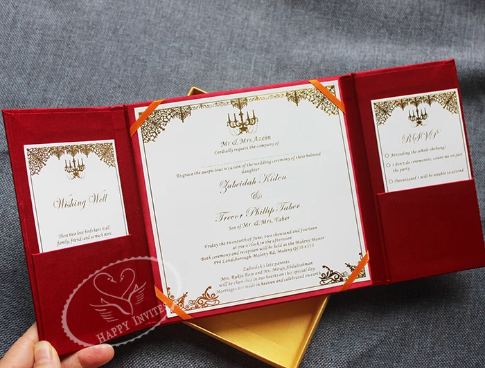 HI2003-28 Custom Gate Fold Silk Folder Wedding Invitation in Red with Gold Foiling Printing Made in China Factory Price More Colors Available