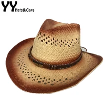 YY металлические перьевые ленты кепки s мужская летняя Соломенная Панама полые Западный Ковбой Девушка-ковбой пляжная кепка с широкими полями поездки Джаз Панама CM19026