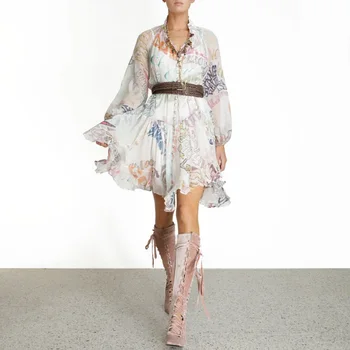 

Big-name summer ladies chiffon 3D printing retro elegant dress 2020New women's long-sleeved irregular fashion pleated dress XL