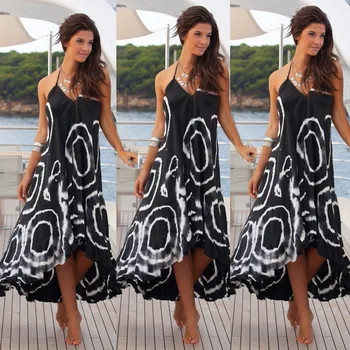 

Women Sexy Summer Halter String Strappy Off Shoulder V Neck Dress Boho Maxi Long Beach Dress square Printing Chic Dress