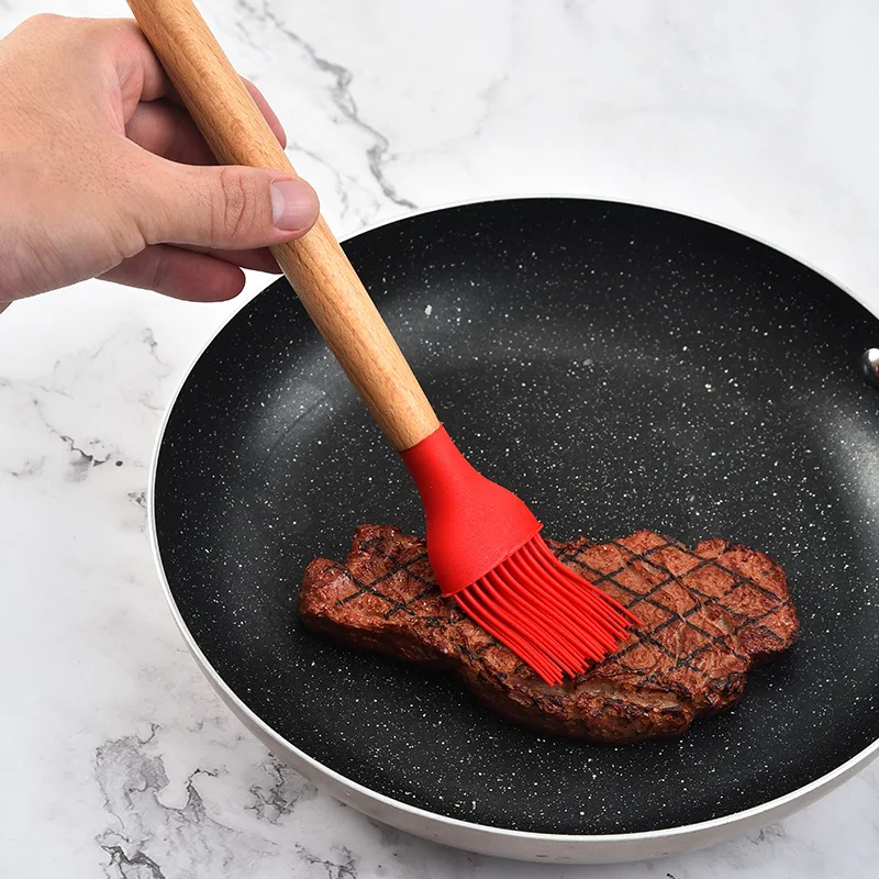 1PC Silicone BBQ Oil Basting Brush with Wood Handle Cake Bread Cream Cooking Brushes Baking Barbecue Kitchen Accessories Silicone Basting Brush
