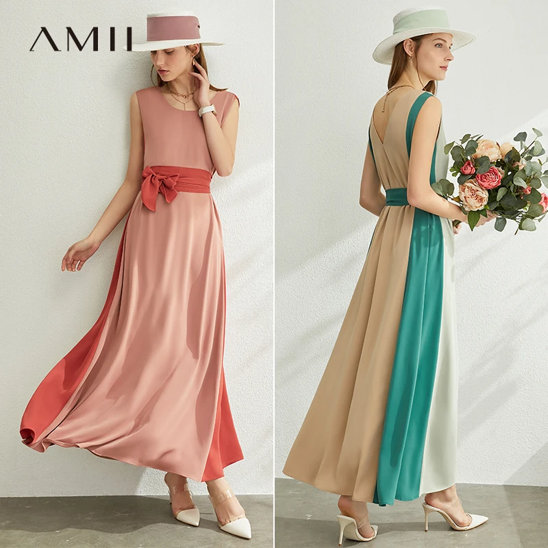 AMII Minimalism Spring Summer Splice Loose Women Dress Causal Onck High Waist Belt Ankel-Length Female Dress 12090006 AMII Minimalism Spring Summer Splice Loose Women Dress Causal Onck High Waist Belt Ankel-Length Female Dress 12090006